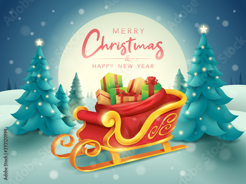 Merry Christmas. Santa sleigh with sack bag loaded with gift box presents on horizontal winter landscape background.  photo