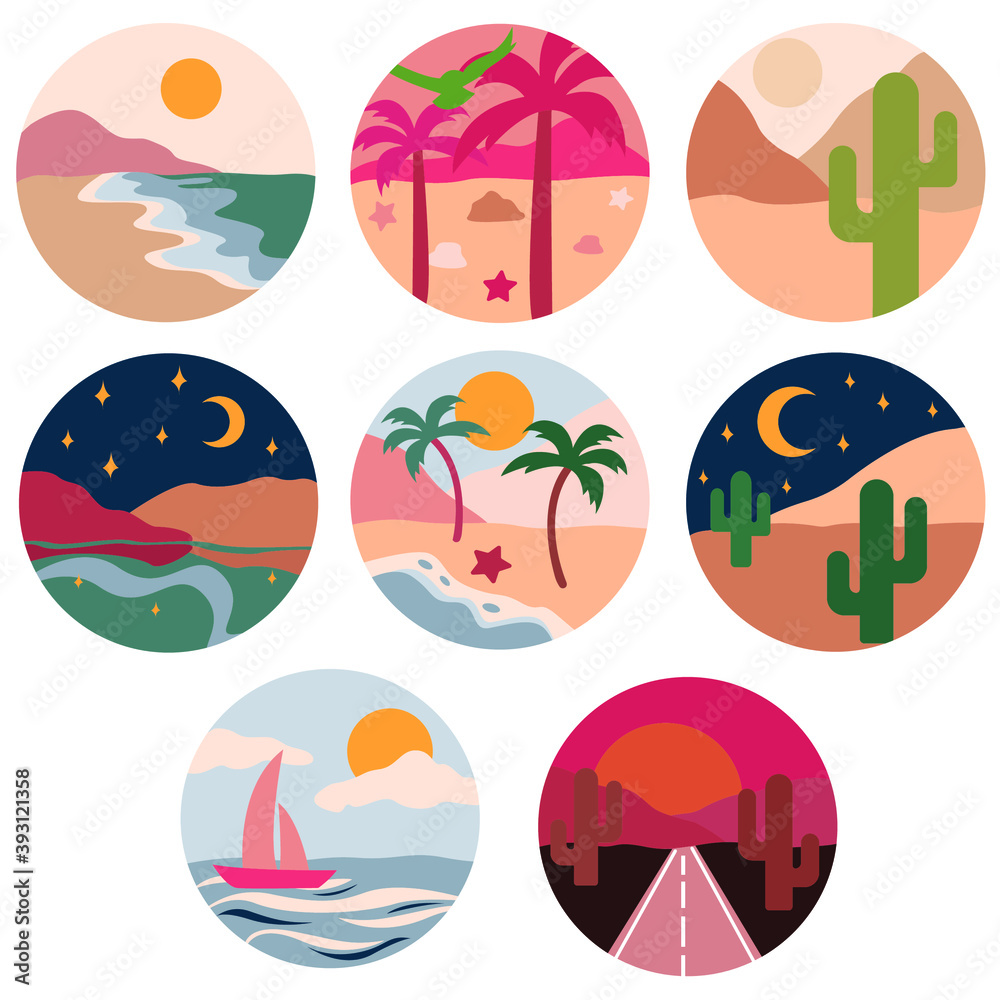 Set of weather and landscapes icons. Vector illustration.