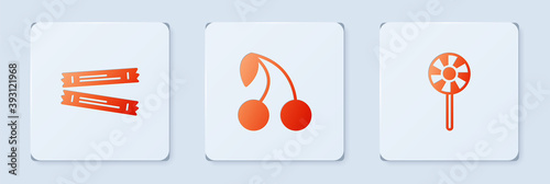 Set Cherry, Sugar stick packets and Lollipop. White square button. Vector.