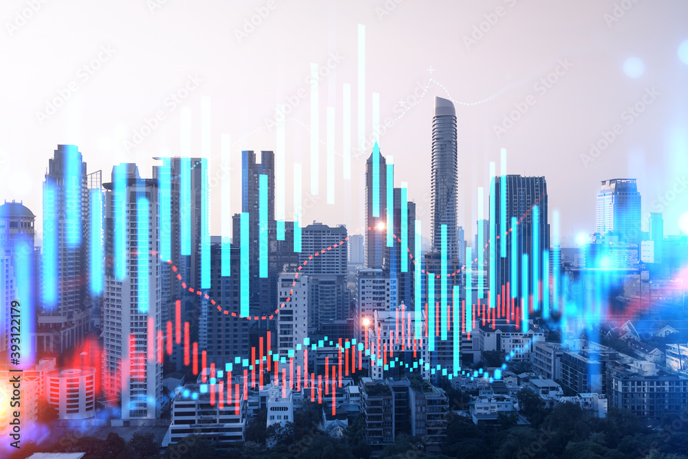 Glowing FOREX graph hologram, aerial panoramic cityscape of Bangkok at sunset. Stock and bond trading in Asia. The concept of fund management. Double exposure.