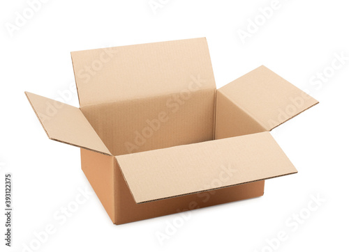 Opened cardboard box for storing goods and parcels by mail on a white isolated background.