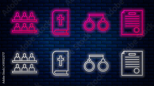 Set line Holy bible book, Handcuffs, Jurors and The arrest warrant. Glowing neon icon on brick wall. Vector illustration