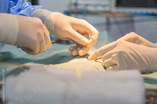 A surgeon performing a suture after an operation