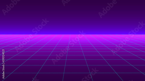 Futuristic background in retro style. Digital grid landscape of the 80s. Vector background for party.