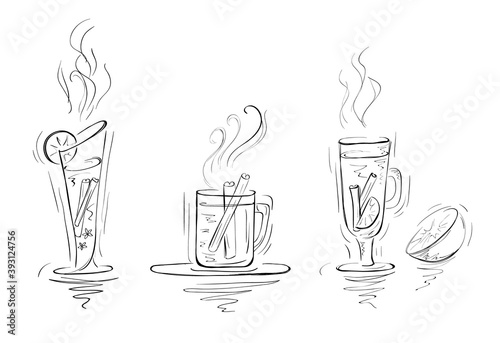 Hand drawn glasses with mulled wine, orange and cinnamon sticks. Isolated beverages.