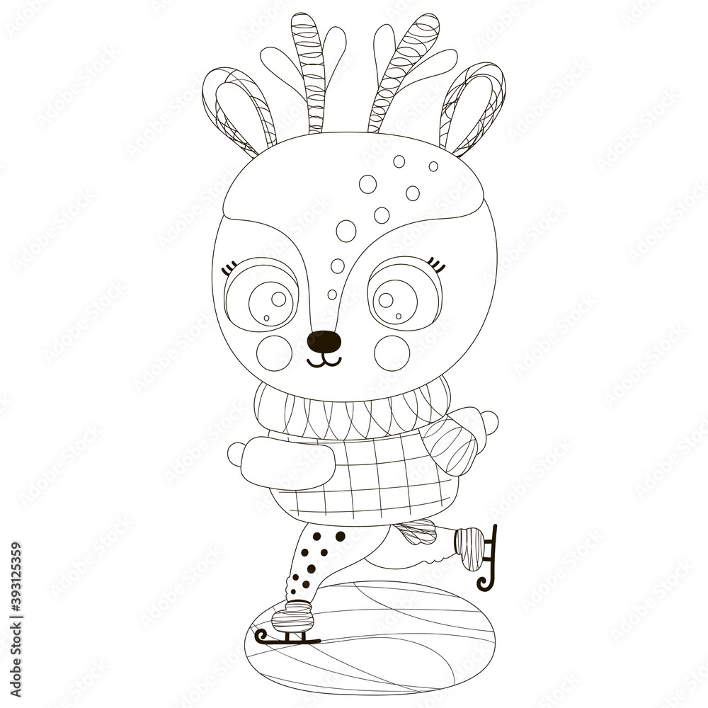A cute black and white little reindeer is skating on ice. Christmas isolated children outline illustration. Funny animal. Winter cartoon character for coloring book. Vector.