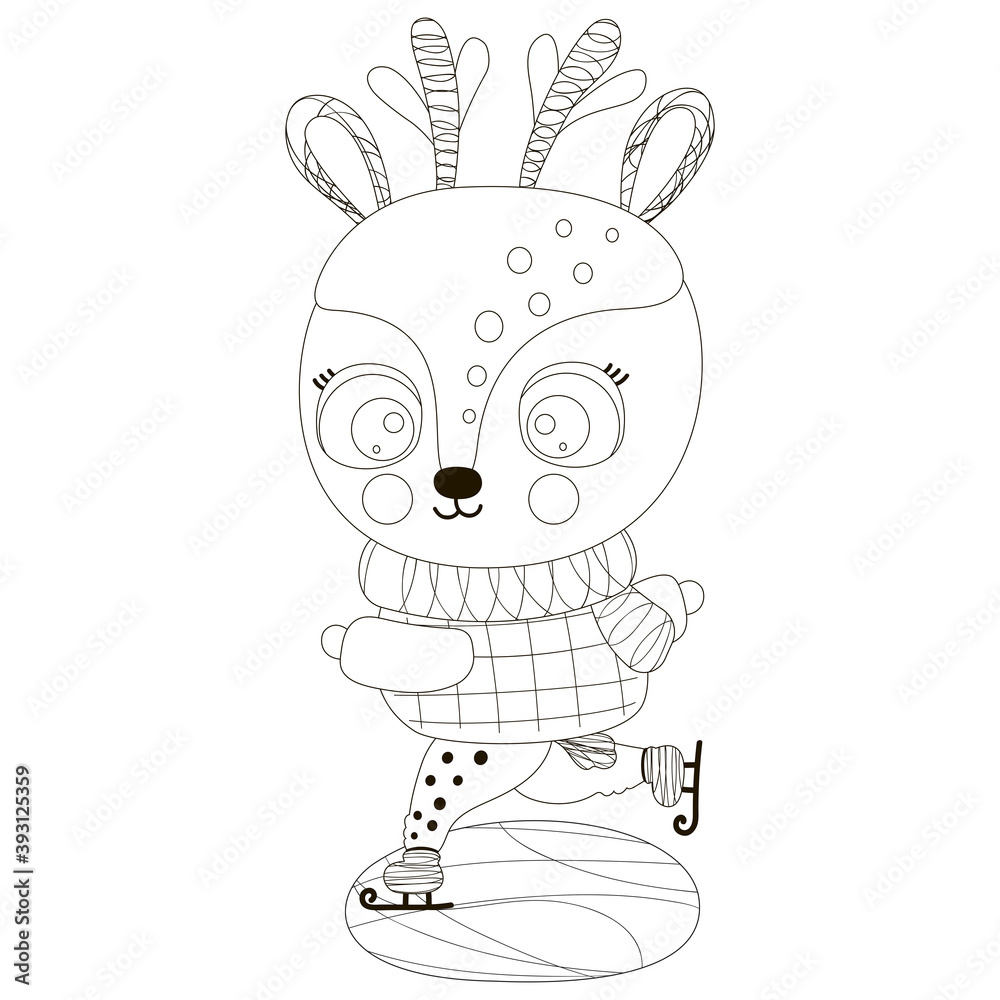 A cute black and white little reindeer is skating on ice. Christmas isolated children outline illustration. Funny animal. Winter cartoon character for coloring book. Vector. A cute black and white little reindeer is skating on ice. Christmas isolated children outline illustration. Funny animal. Winter cartoon character for coloring book. Vector.