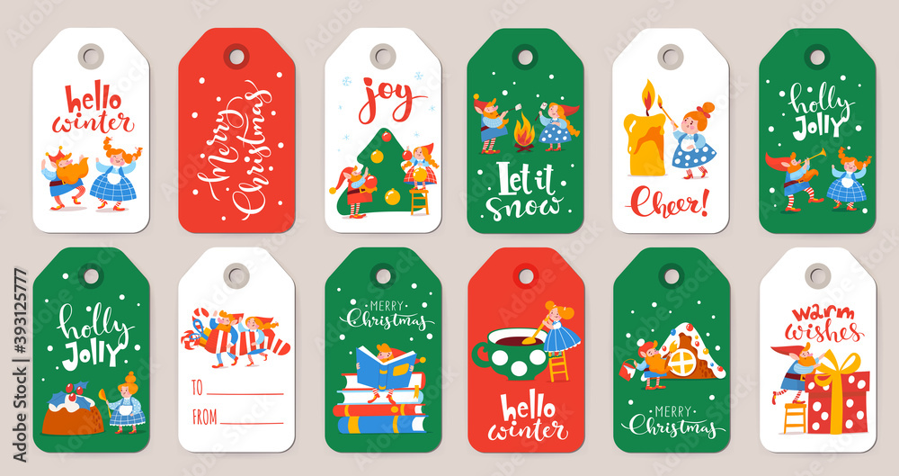 Bundle of winter sale red and green labels with cute elf characters on Christmas holidays