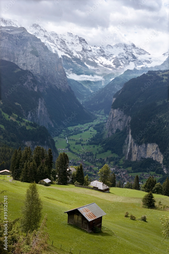 The spectacular Lauterbrunnen valley from an alp above Wengen, with the Breithorn in the distance: Bernese Oberland, Switzerland