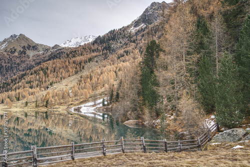 Beautiful shot of the valley Martelltal with the lake Zufrittsee in South Tyrol, Italy photo