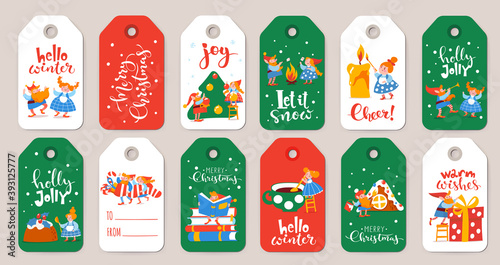 Bundle of winter sale red and green labels with cute elf characters on Christmas holidays