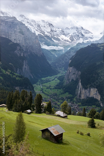 The spectacular Lauterbrunnen valley from an alp above Wengen, with the Breithorn in the distance: Bernese Oberland, Switzerland