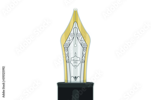 Closeup of gold and silver fountain pen ornate feather. Vector illustration.