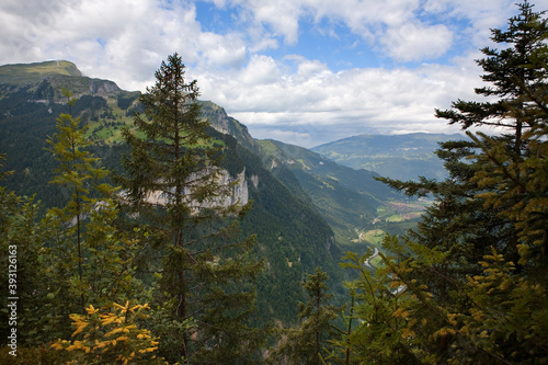 View down the lower Lauterbrunnen valley towards Wilderswil and Interlaken from the Leiterhorn lookout, Bernese Oberland, Switzerland photo