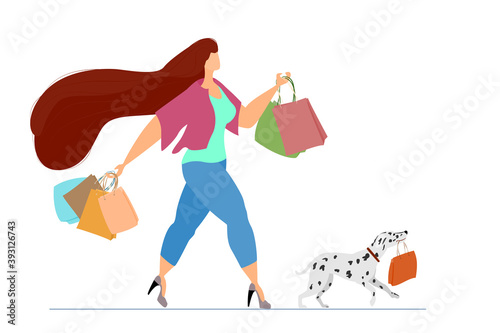 The woman is shopping, the dog helps to carry the package. Walking to the supermarket together. Body positive, friendship with a pet. Isolated on white, Vector in a flat style.