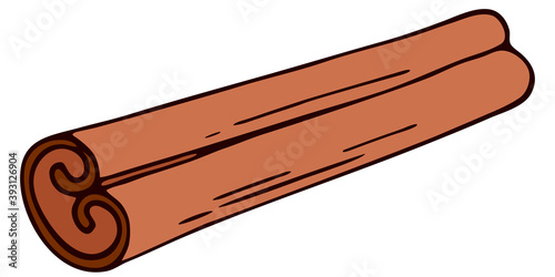 Vector illustration. Cinnamon stick isolated on white. Delicious spicy seasoning for dessert, coffee, baking, mulled wine and eggnog. Hand drawn doodle clipart. Perfect for menu, poster, food banner