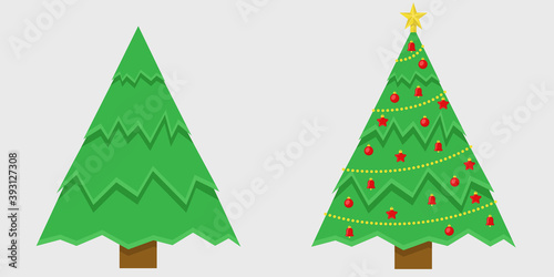 Green Christmas tree and decorated Christmas tree set. New year symbol.