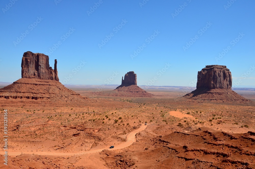 Monument valley in Arizona, USA, Sentinel Mesa, West Mitten butte, East Mitten Butte, Merrick Butte Monument valley in Arizona, USA, Sentinel Mesa, West Mitten butte, East Mitten Butte, Merrick Butte