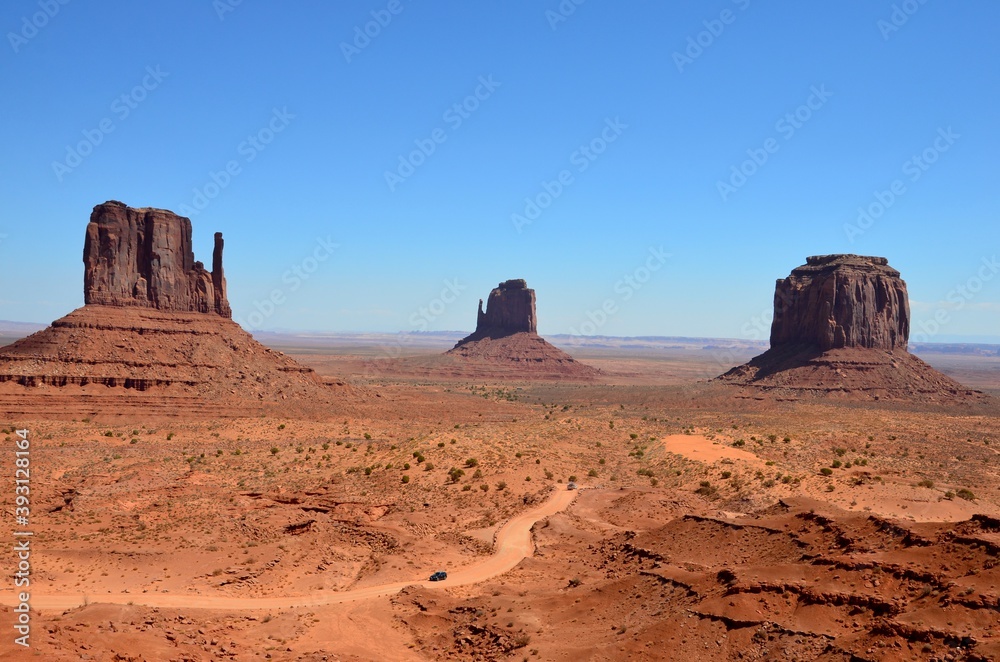 Monument valley in Arizona, USA, Sentinel Mesa, West Mitten butte, East Mitten Butte, Merrick Butte