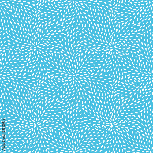 Hand drawn seamless abstract drop pattern in star flower shape with hand painted irregular droplet on blue background. Summer beachy design. Perfect for fabric, beach wear and packaging.