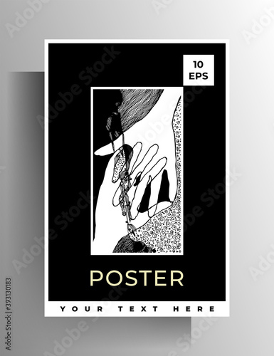 Cover design template for book, brochure, booklet, catalog, poster. Hand-drawn black and white vector illustration.