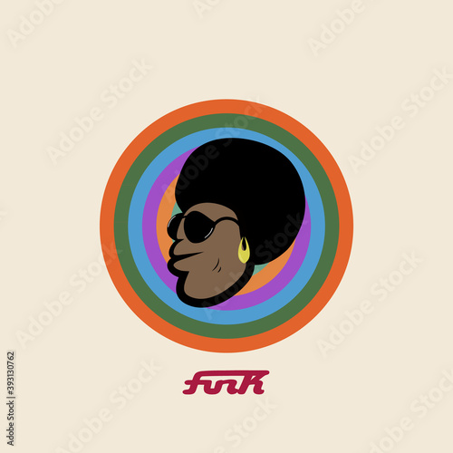Funk soul man face hair graphic logo icon sign music emblem lettering calligraphy design Hand drawn Childrens cartoon colorful style Fashion print clothes apparel greeting invitation card retro poster