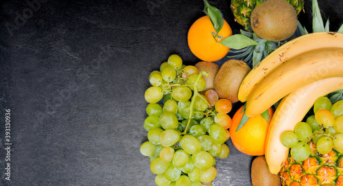 Still life of fruits seen from above. copy space. Mediterranean Spanish diet.