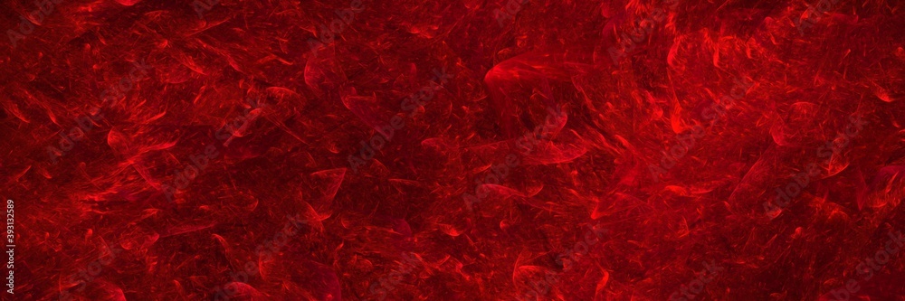 Abstract magical red space background with flashes and waves of energy. Beautiful red art widescreen background. - obrazy, fototapety, plakaty 