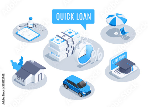 isometric vector illustration isolated on white background, quick loan set, money to buy housing and transport and also for training for treatment and recreation