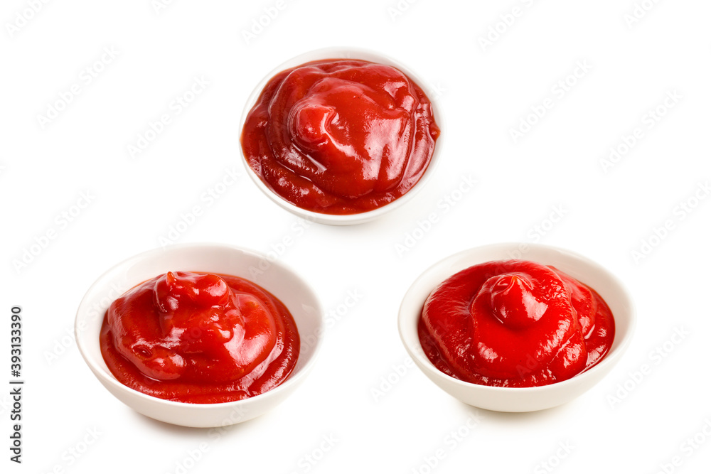 Ketchup in white plate on white background. Ketchup in white plate on white background.