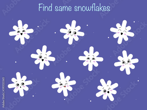 Find the same pictures - children educational game with snowflakes. Vector illustration