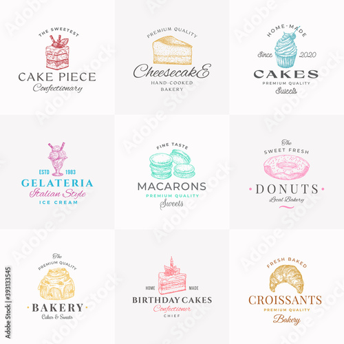 Premium Confectionary Abstract Signs, Symbols or Logo Templates Collection. Hand Drawn Ice Cream, Donut and Cakes with Modern Typography. Local Bakery Vector Emblems Concepts Bundle. Isolated