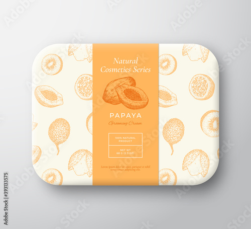 Papaya Bath Cosmetics Package Box. Abstract Vector Wrapped Paper Container with Label Cover. Packaging Design. Modern Typography and Hand Drawn Exotic Fruits Background Pattern Layout. Isolated