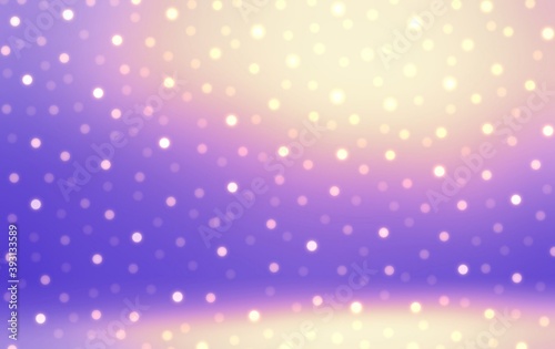 Bright lights bokeh fly on shiny lilac background. Magic holidays decorative graphic.