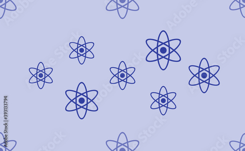 Seamless pattern of large isolated blue atomic symbols. The pattern is divided by a line of elements of lighter tones. Vector illustration on light blue background