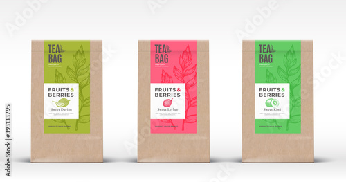 Craft Paper Bag with Exotic Fruits Tea Labels Set. Abstract Vector Packaging Design Layout with Realistic Shadows. Hand Drawn Durian, Kiwi and Lychee Silhouettes Background. Isolated