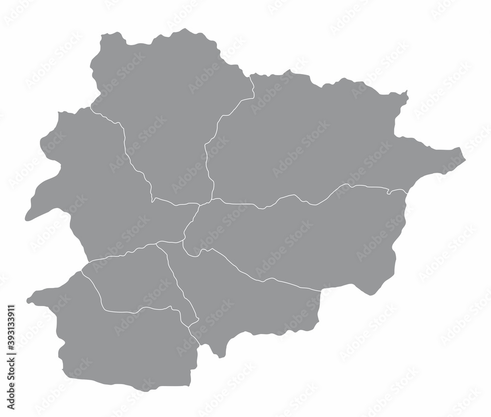 The Andorra isolated map divided in administrative areas