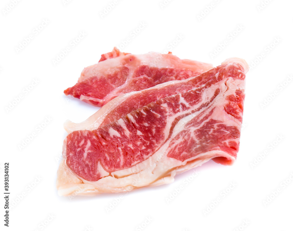 Fresh raw beef meat slices isolated over white background