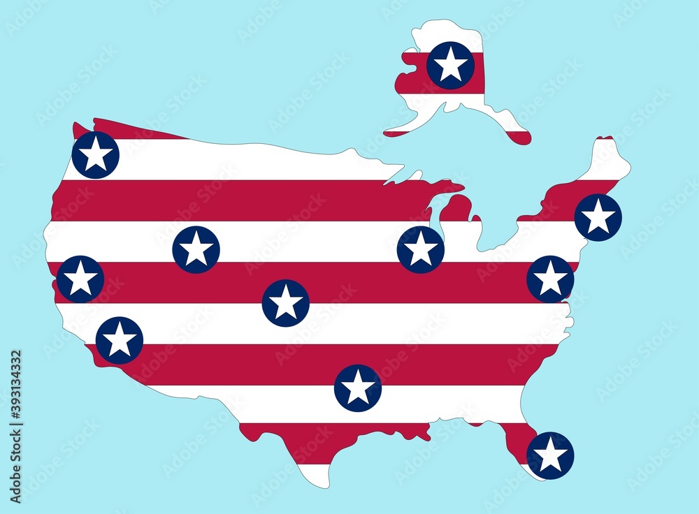 major cities of the United States of America. City is star. National flag of United States of America isolated on blue background