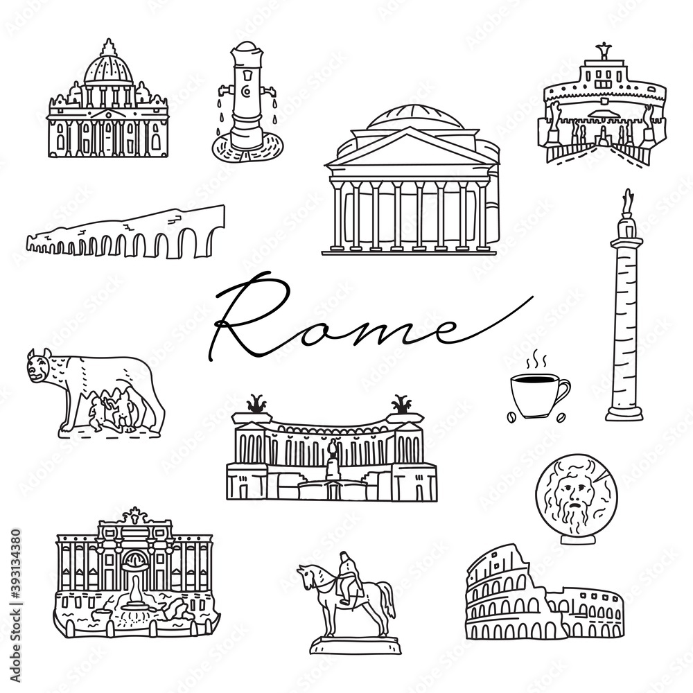 Italy Rome hand drawn doodle icons. travel architecture. Fountains, cathedrals. Italian symbols outline drawing clipart.