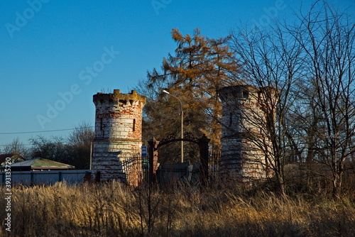 Remains of the towers of the main gate of the abandoned Chernyshov estate, the village of Yaropolets, Moscow region of Russia. photo