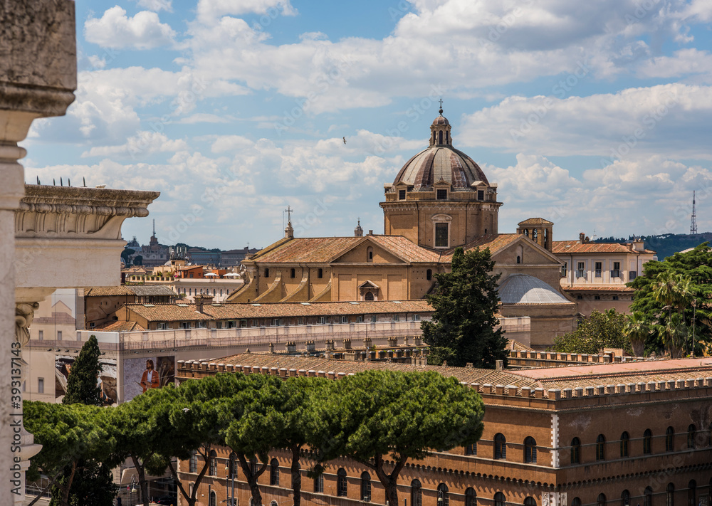Panorama of the old city in the sunlight with a clear blue sky, Rome.