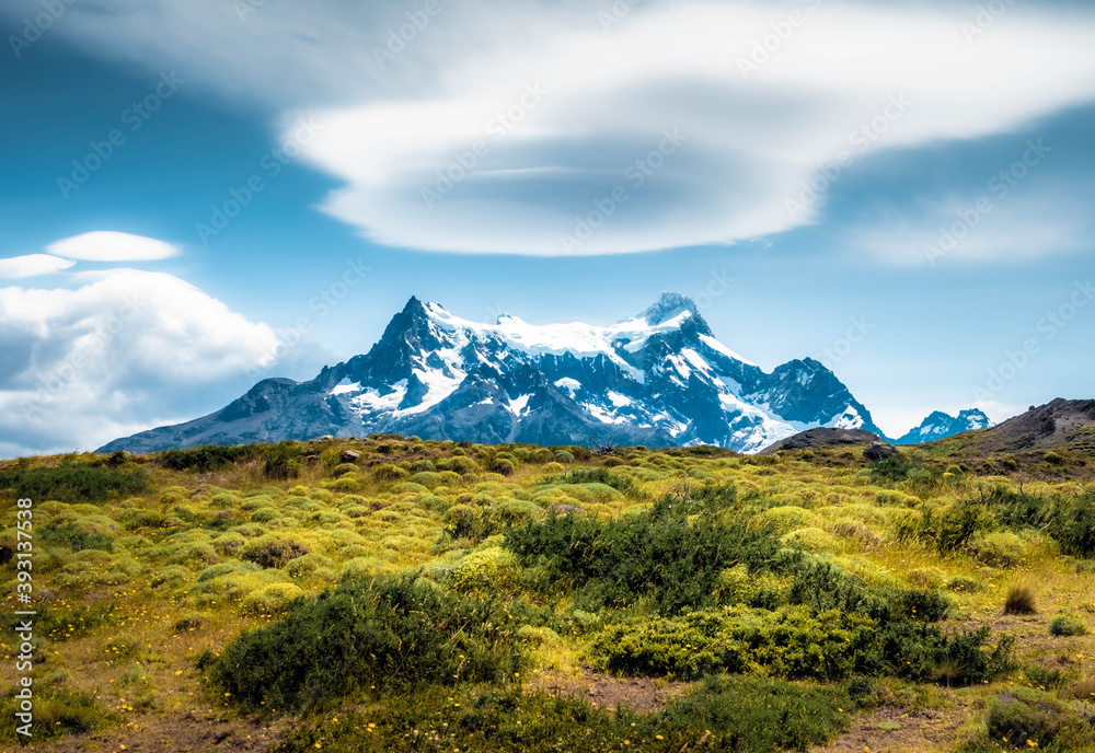 mountain landscape with blue sky Meadows and mountains of Patagonia in Chile 