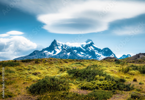 mountain landscape with blue sky Meadows and mountains of Patagonia in Chile 