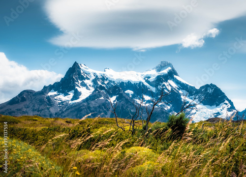 landscape with blue sky Meadows and mountains of Patagonia in Chile 