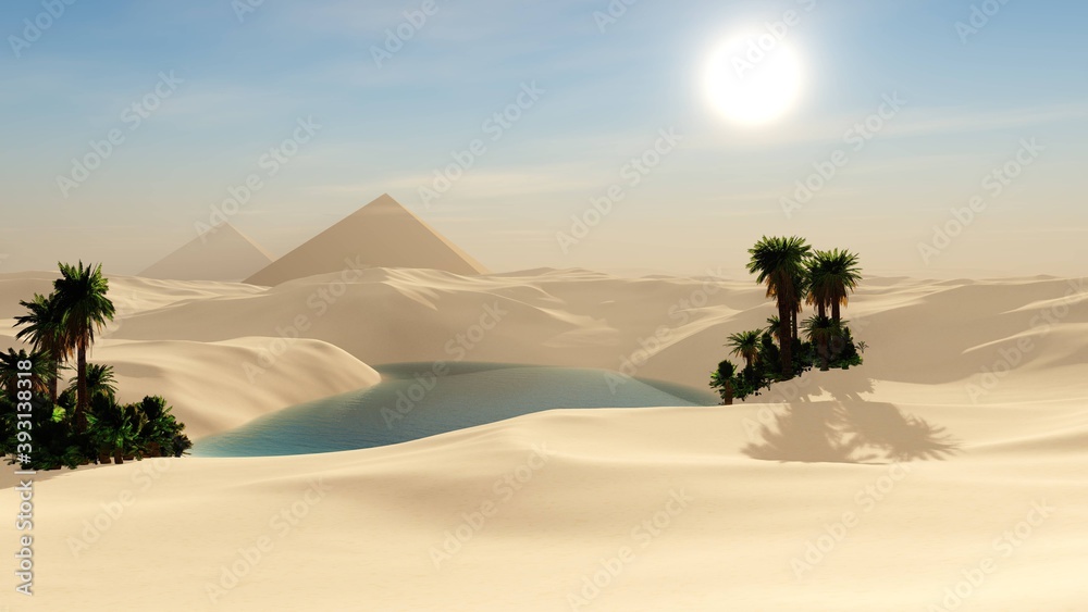 Beautiful oasis in the sandy desert, panorama of the desert landscape, sunset over the sands, 3D rendering
