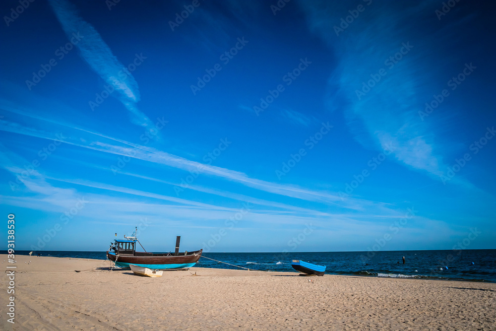 Traditional fishing boat and equipment at the coast of the Baltic Sea, Germany