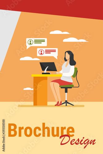 Woman working, typing and sending messages. Work, table, computer flat vector illustration. Workplace and communication concept for banner, website design or landing web page