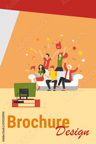 Football fans watching match on TV. Friends sitting on couch and celebrating soccer team winning or goal. Vector illustration for championship, leisure at home, sport game supporter concept
