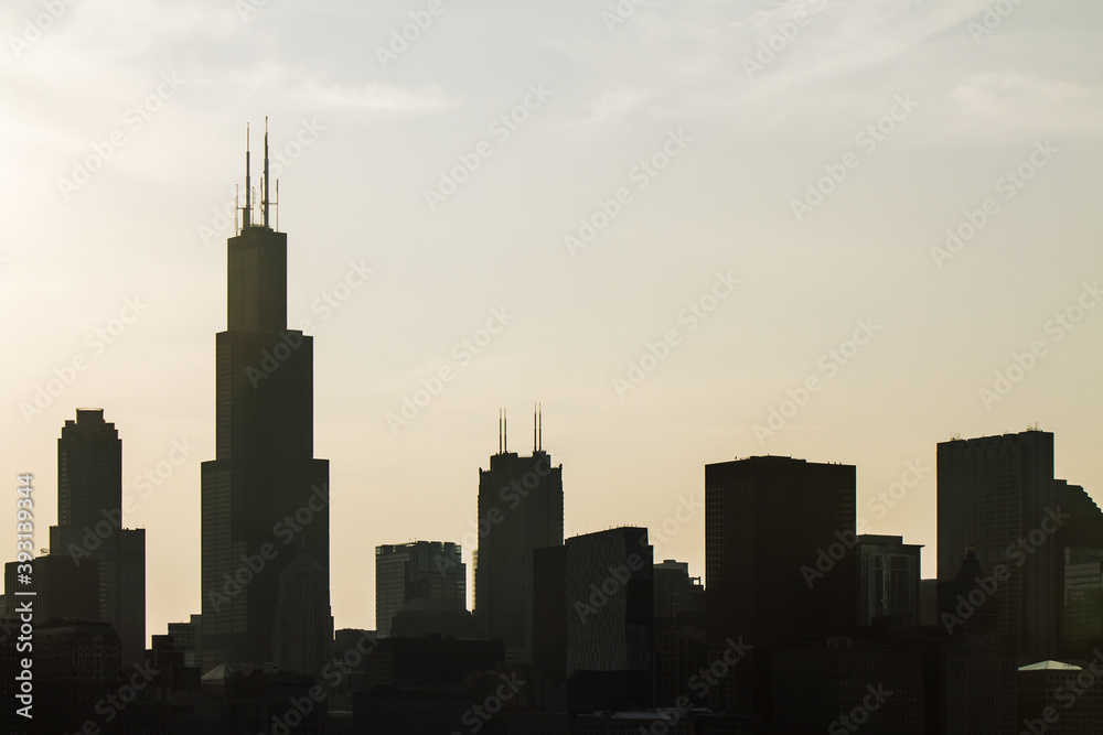 Beautiful Chicago skyline at sunset, backlit